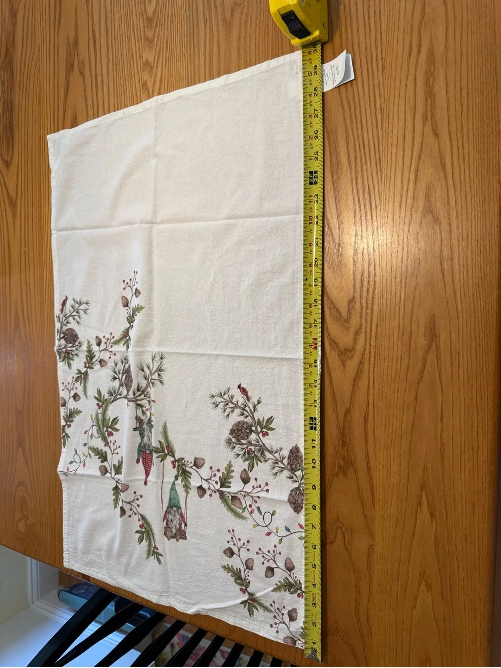 Pottery Barn White Tea Towel with Gnome & Pinecone Holiday Sprig Design